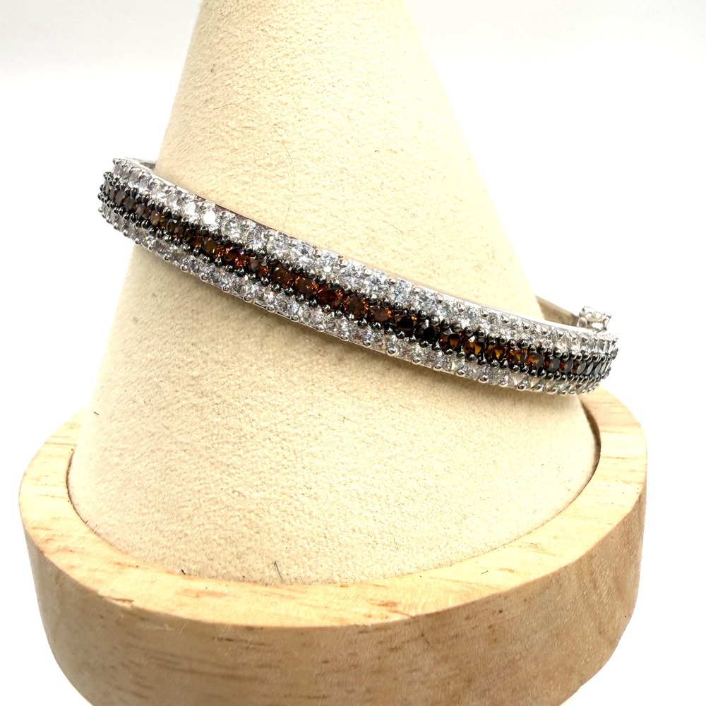 Sterling Silver Bangle Bracelet Brown White CZ Triple Row Hinge 925 Cocktail